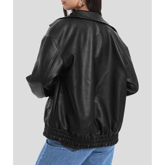 ⚡Women's Black Faux Leather Long Sleeve Zipper Oversized Motorcycle Jackets - Picture 5 of 7